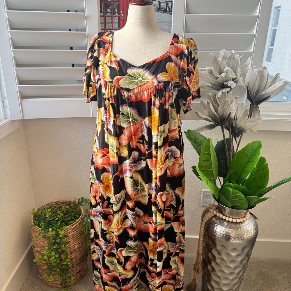 The Hawaiian Original. Size L. Floral Black and Orange Women's Maxi